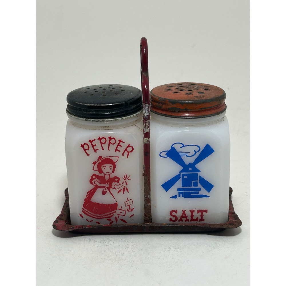 Vintage McKee Milk Glass Salt Pepper Shakers Dutch Girl Windmill Red‎ Caddy Set